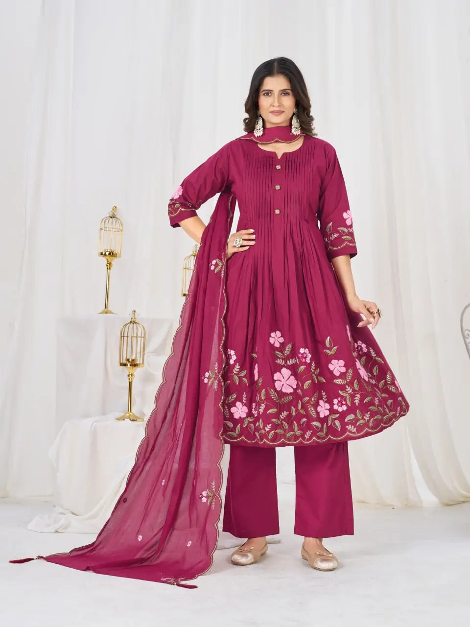 Floral Embroidery Pintuck Anarkali Set