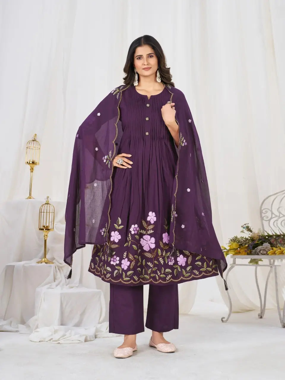 Floral Embroidery Pintuck Anarkali Set