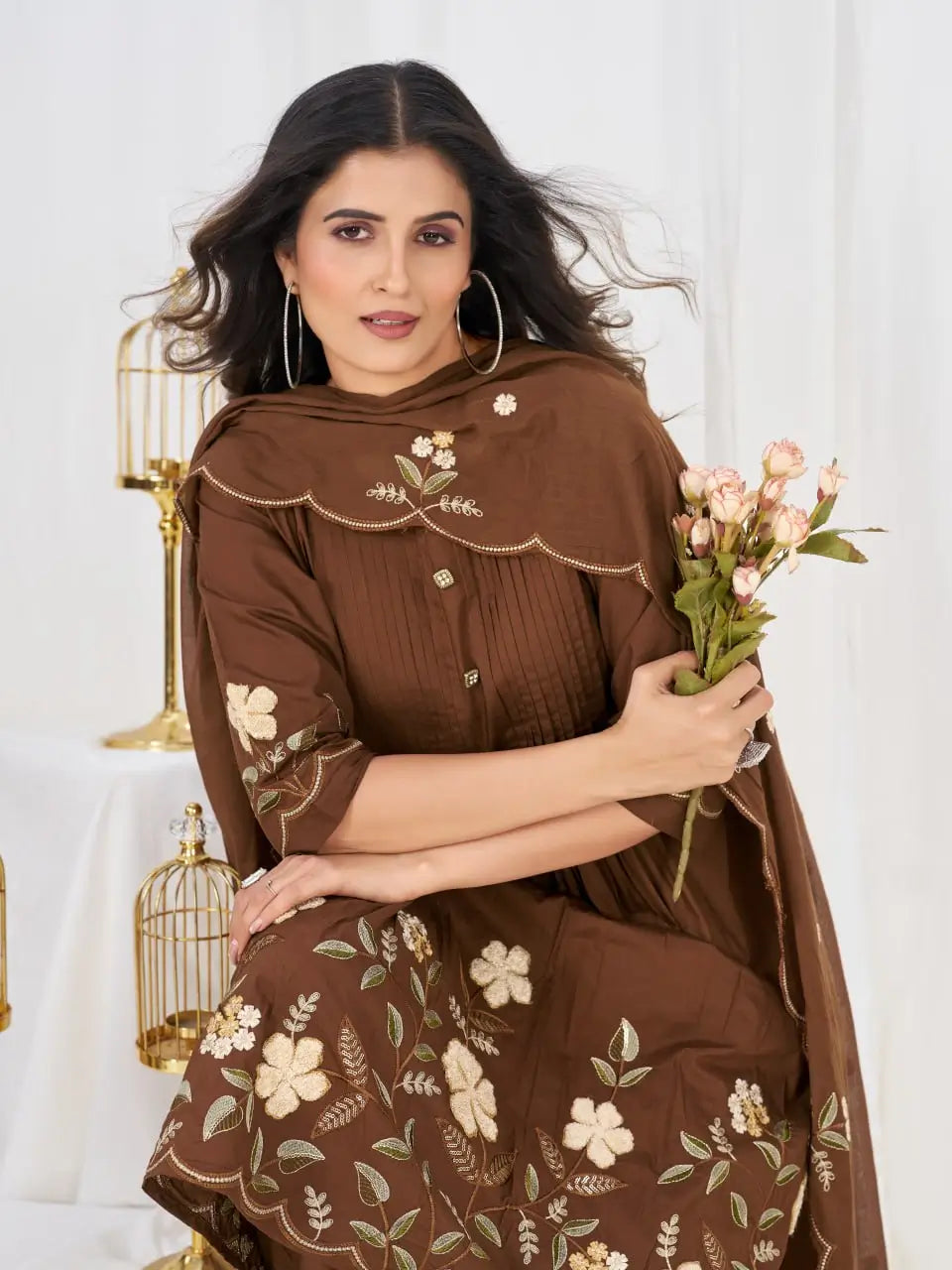 Floral Embroidery Pintuck Anarkali Set