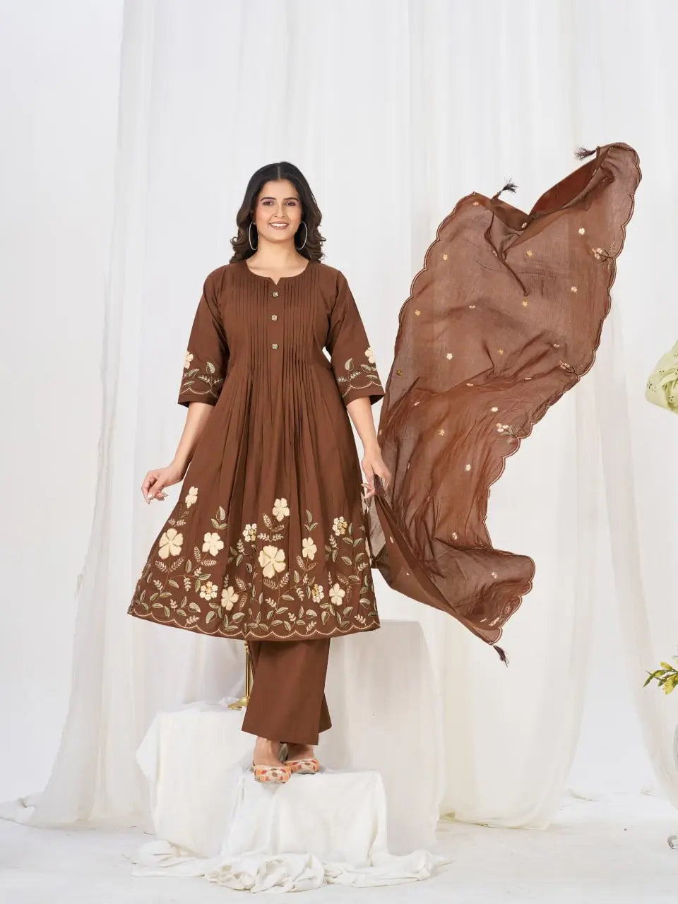 Floral Embroidery Pintuck Anarkali Set