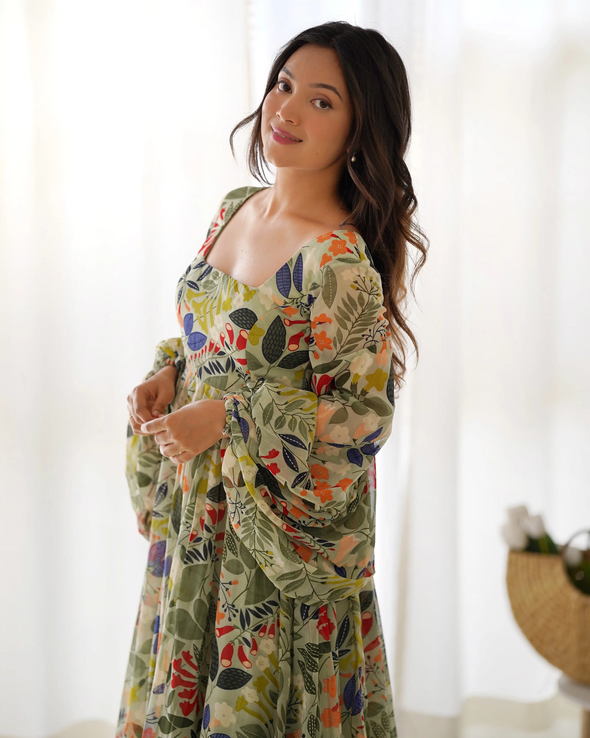 Floral Fox Georgette Maxi Dress with Balloon Sleeves