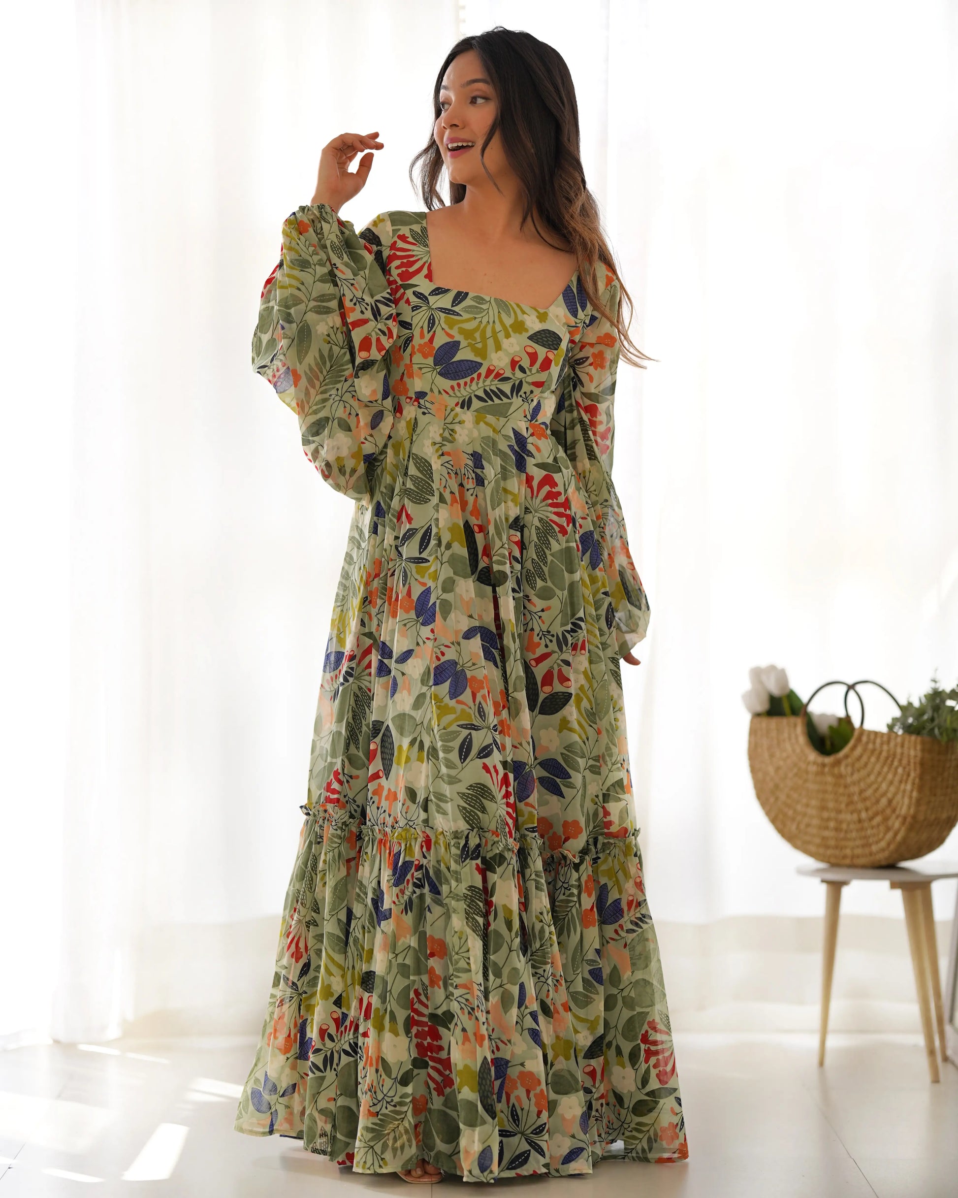 Floral Fox Georgette Maxi Dress with Balloon Sleeves