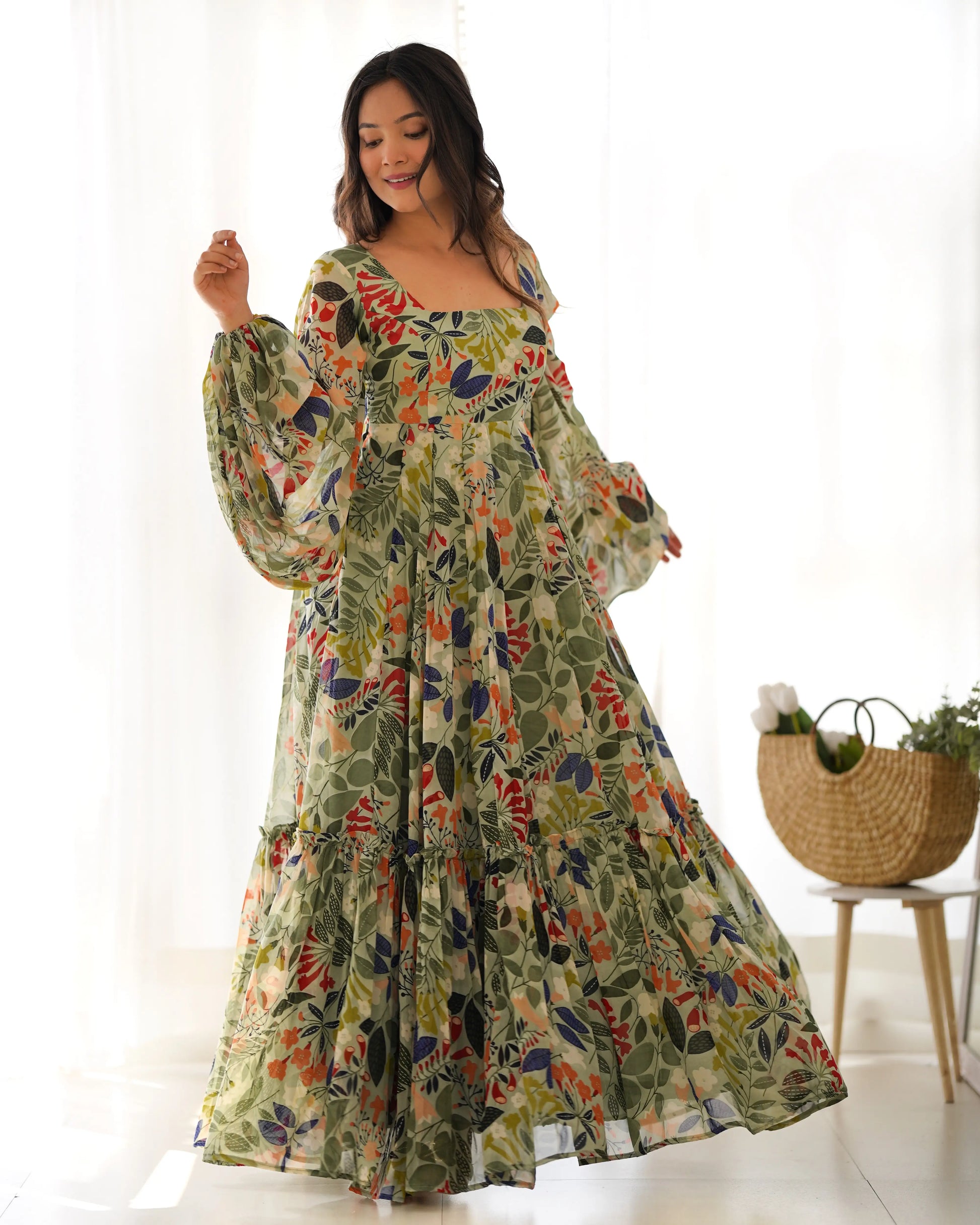 Floral Fox Georgette Maxi Dress with Balloon Sleeves