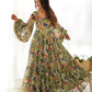 Floral Fox Georgette Maxi Dress with Balloon Sleeves