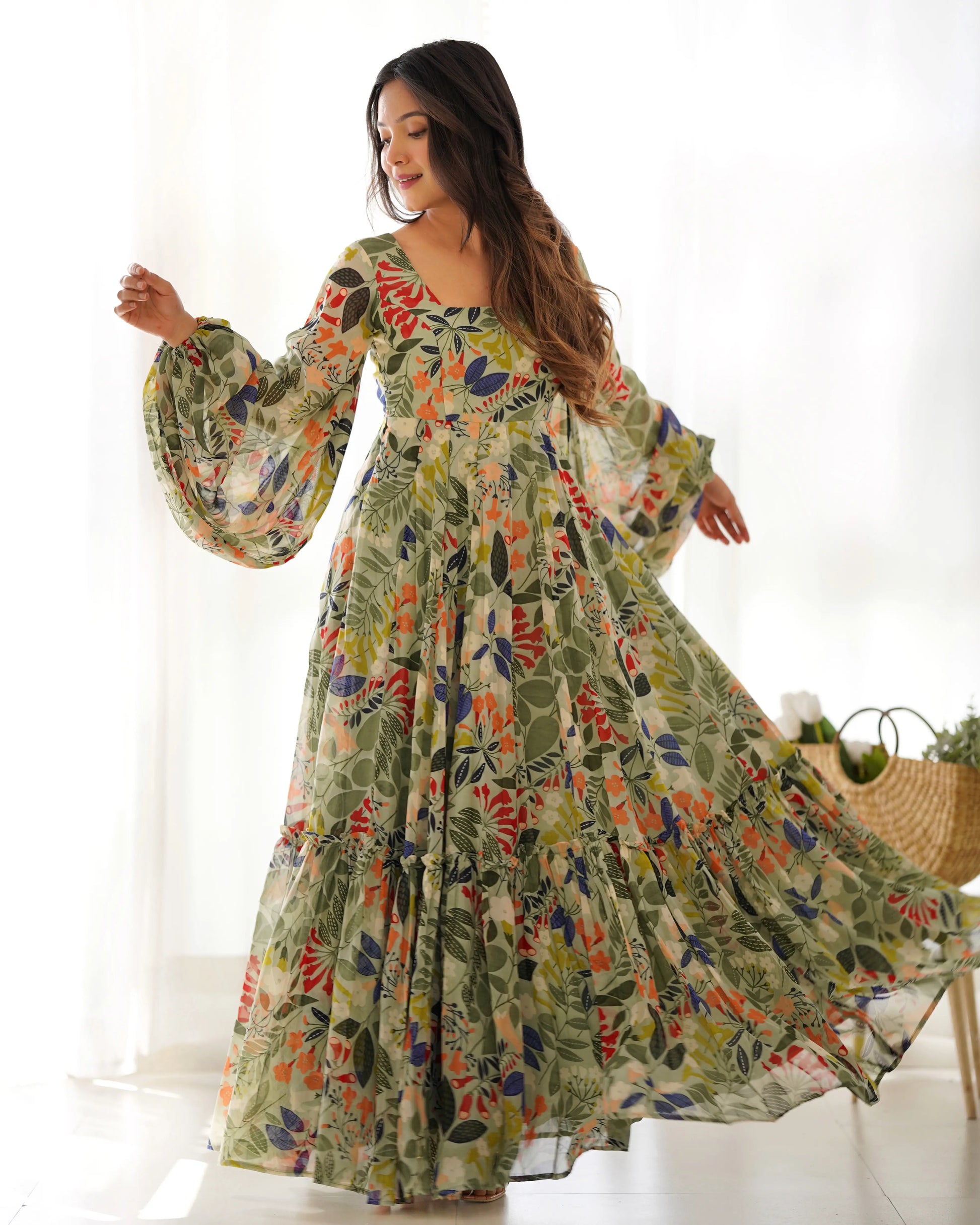 Floral Fox Georgette Maxi Dress with Balloon Sleeves