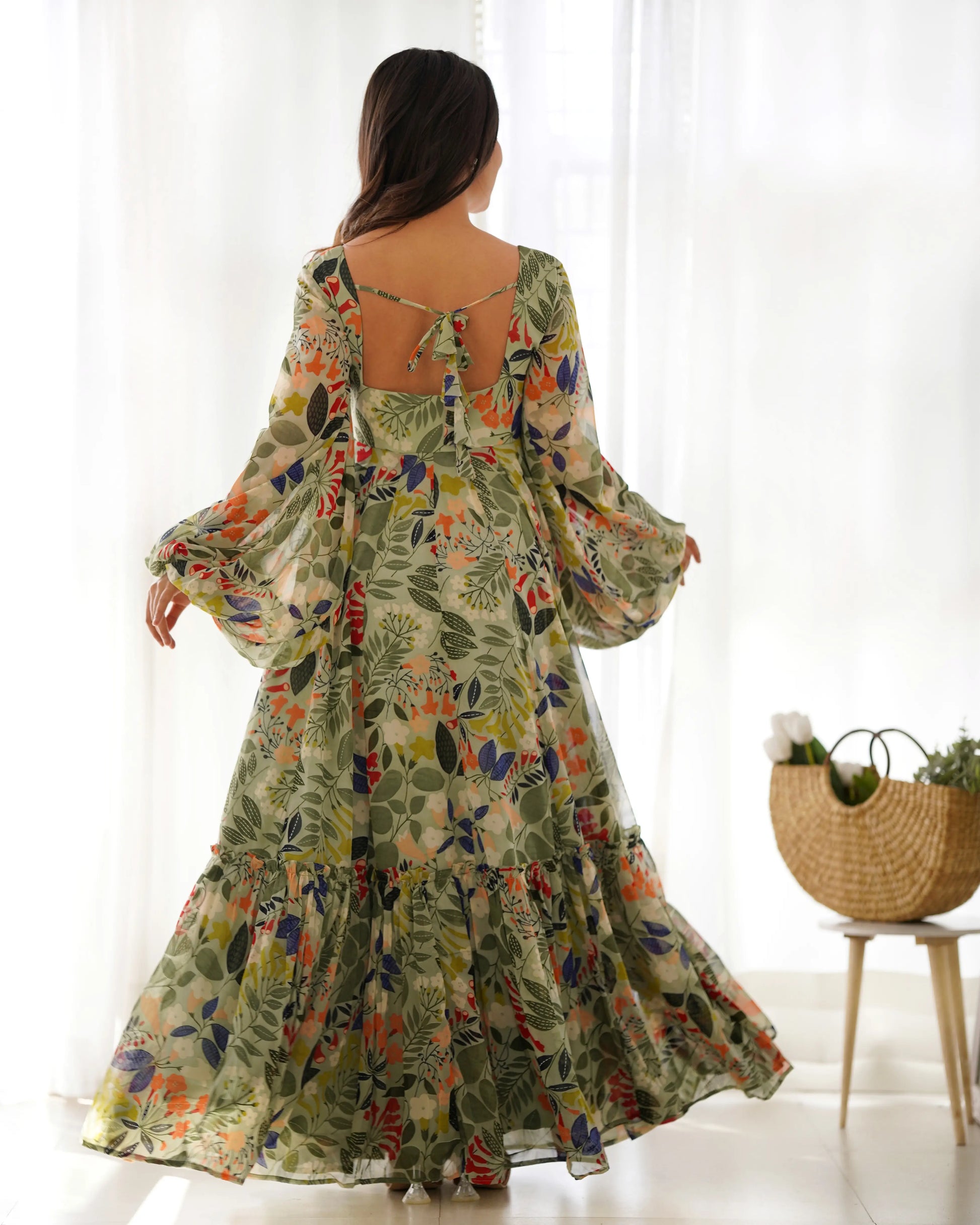 Floral Fox Georgette Maxi Dress with Balloon Sleeves