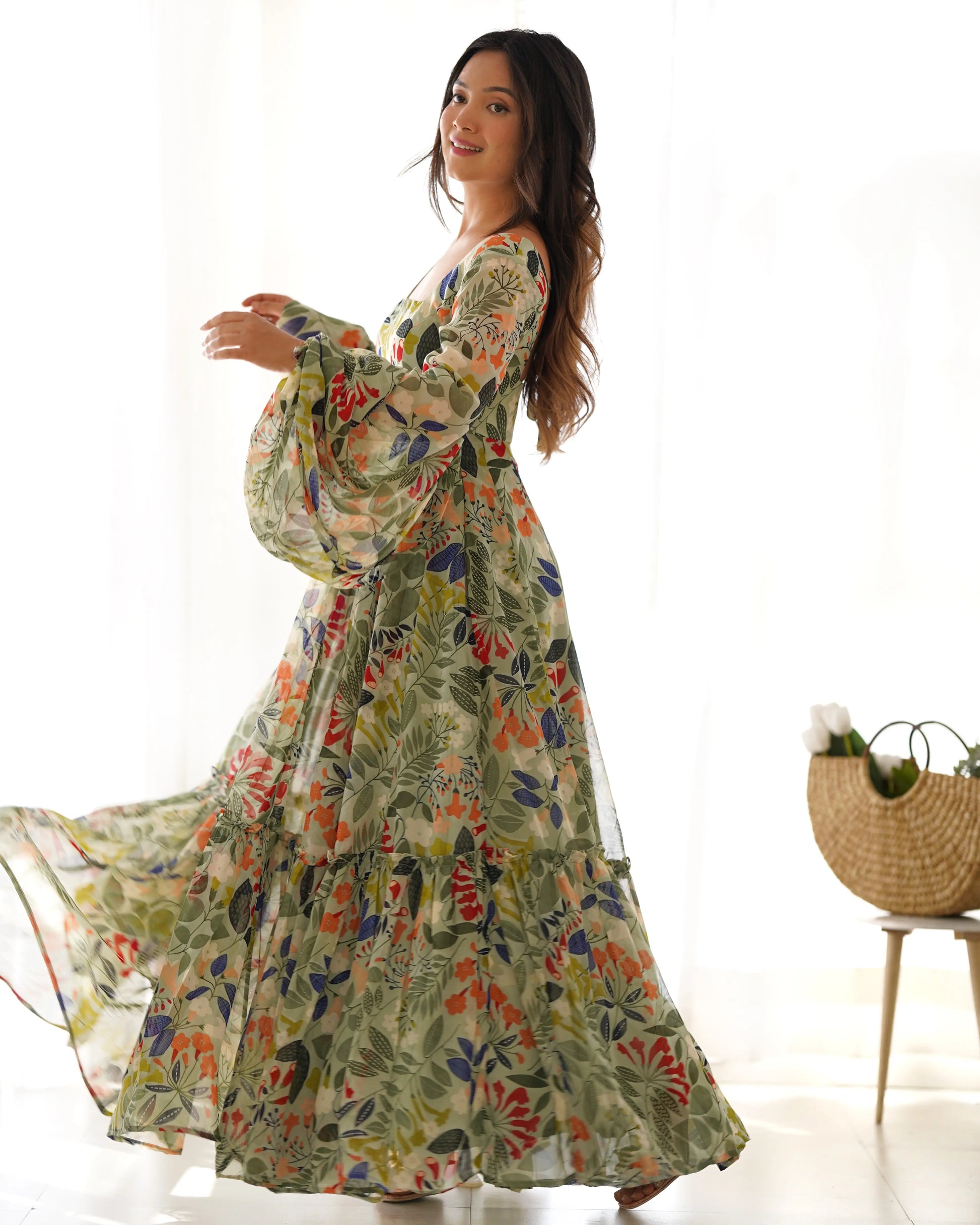 Floral Fox Georgette Maxi Dress with Balloon Sleeves
