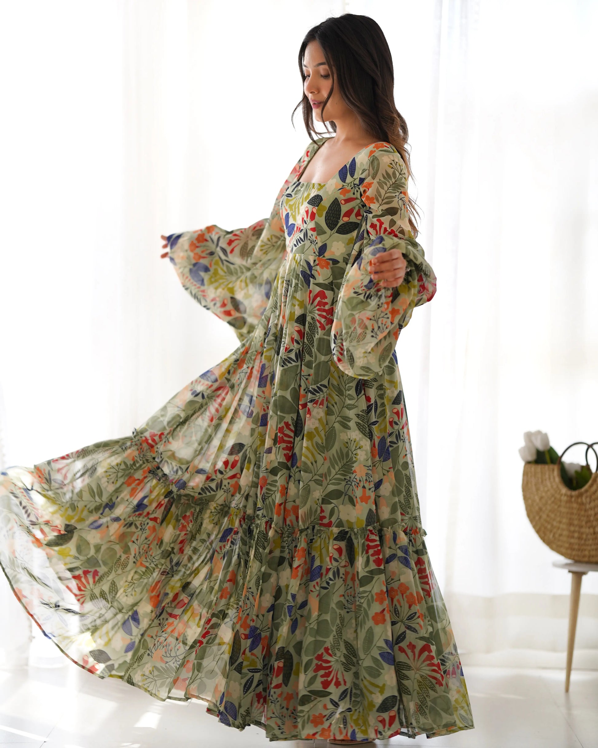 Floral Fox Georgette Maxi Dress with Balloon Sleeves
