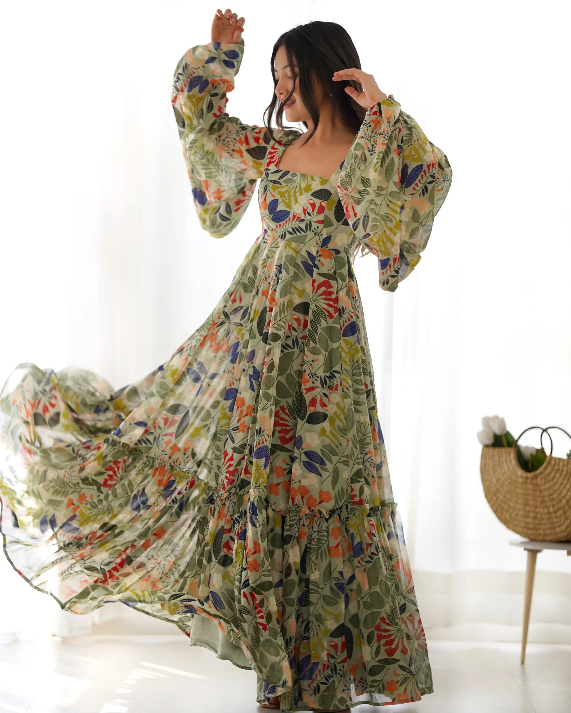 Floral Fox Georgette Maxi Dress with Balloon Sleeves