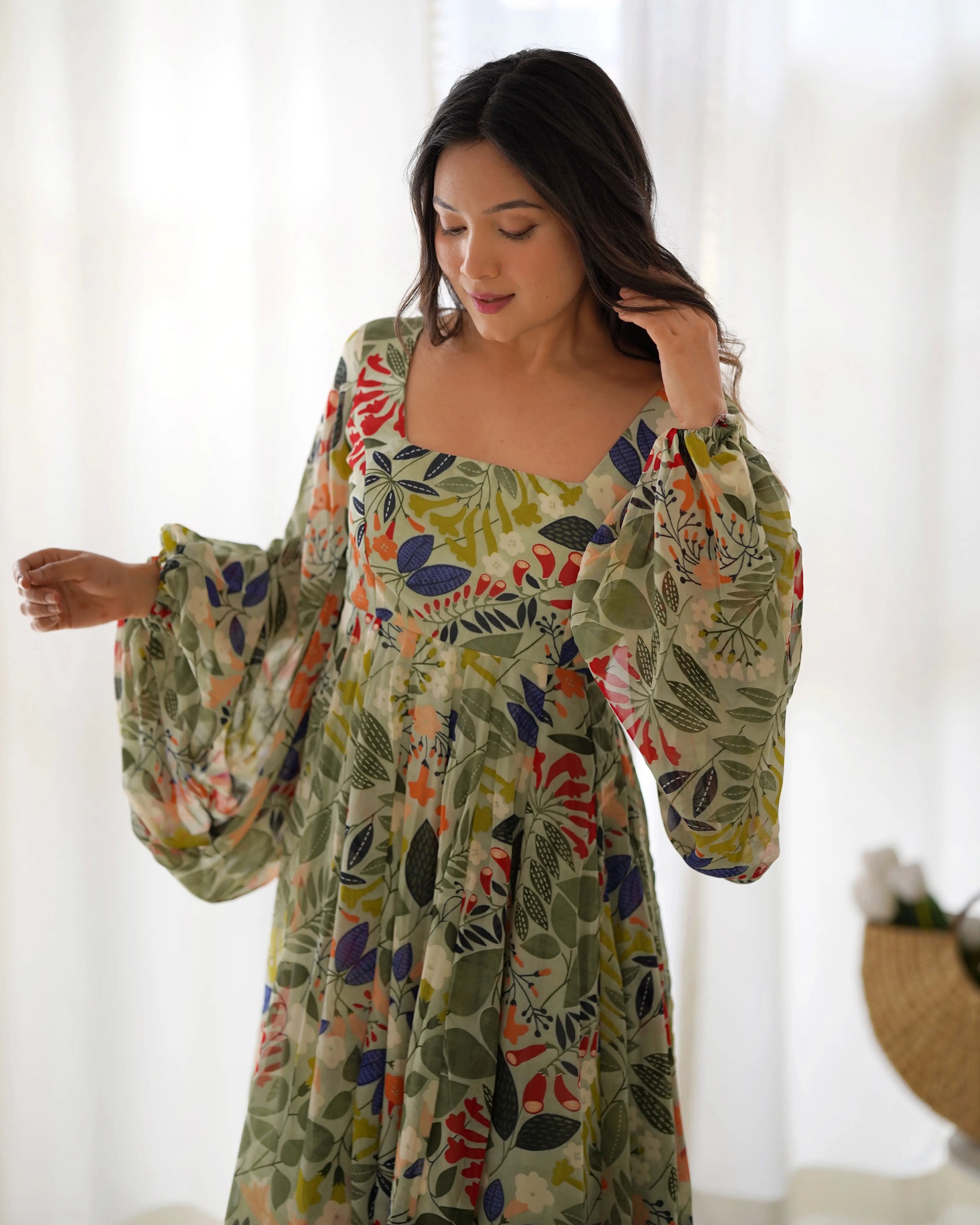 Floral Fox Georgette Maxi Dress with Balloon Sleeves