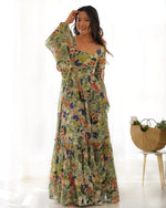 Floral Fox Georgette Maxi Dress with Balloon Sleeves