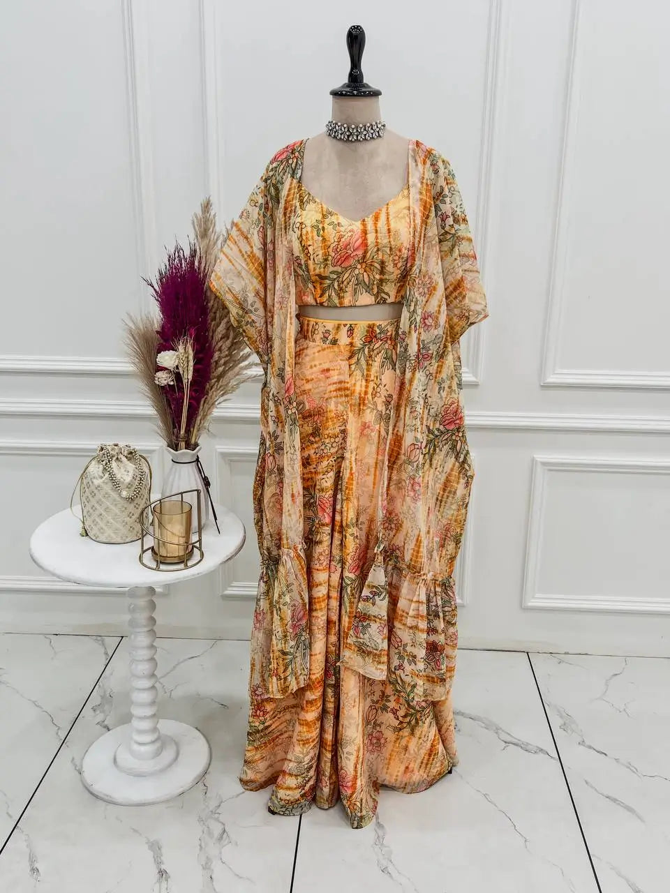 Floral Fox Georgette Palazzo Set with Shrug