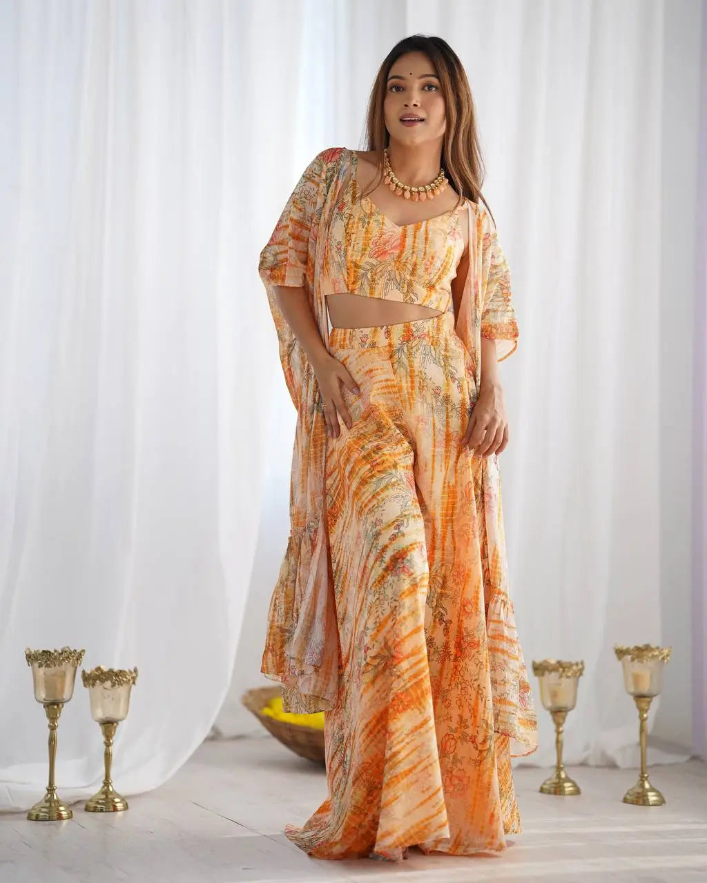 Floral Fox Georgette Palazzo Set with Shrug