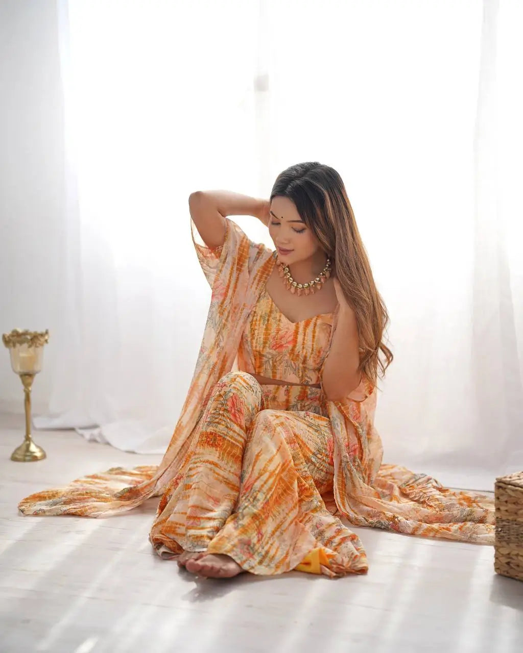 Floral Fox Georgette Palazzo Set with Shrug