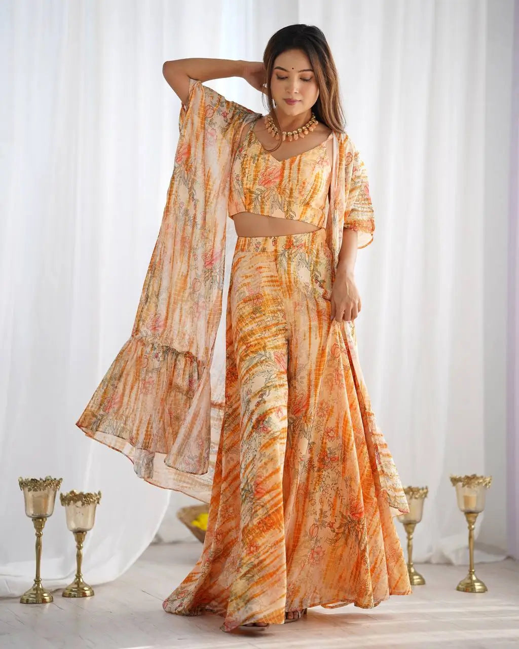 Floral Fox Georgette Palazzo Set with Shrug