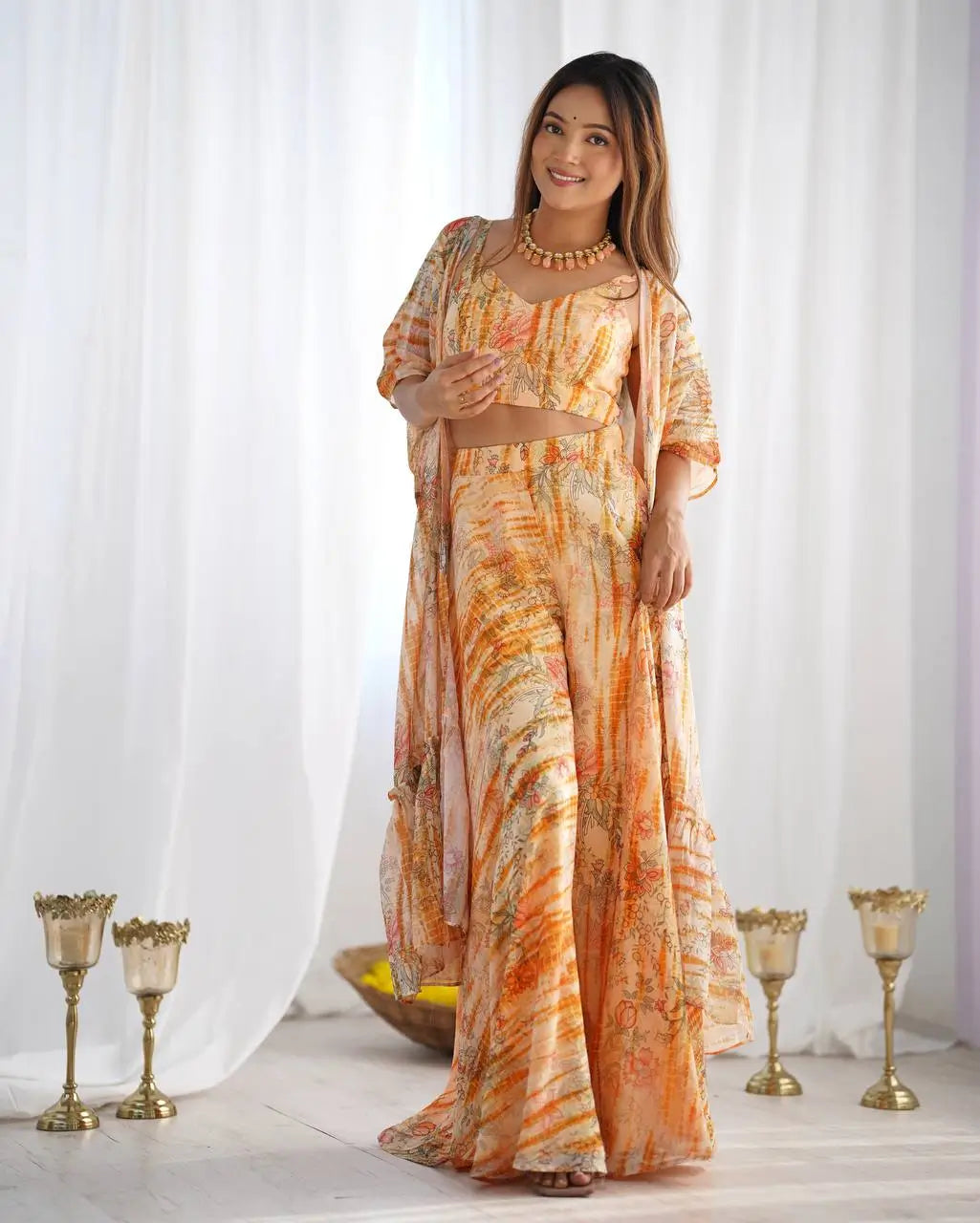 Floral Fox Georgette Palazzo Set with Shrug