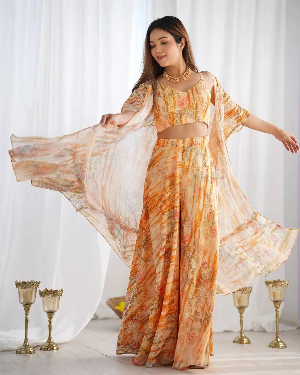 Floral Fox Georgette Palazzo Set with Shrug
