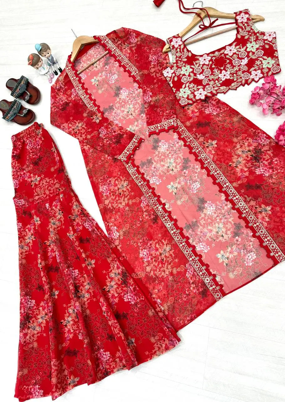 Floral Georgette Koti Sharara Set