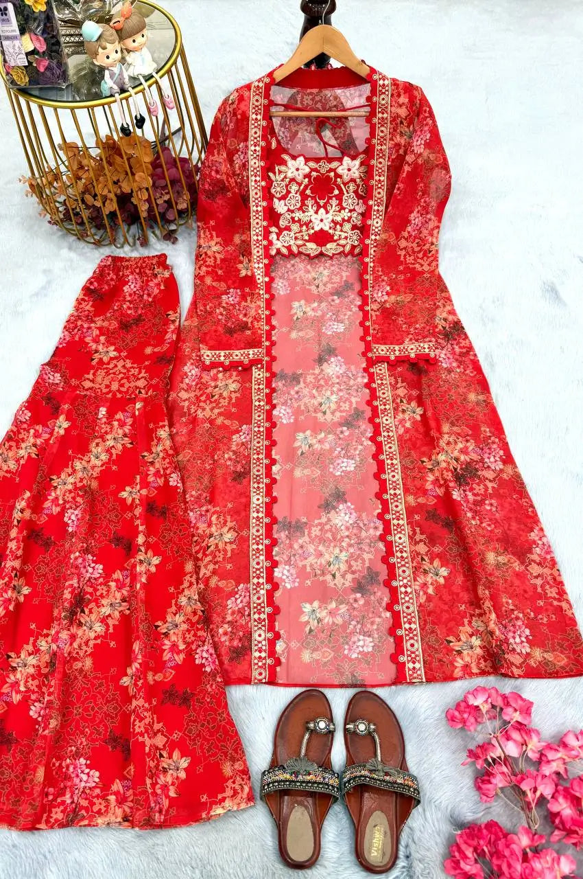 Floral Georgette Koti Sharara Set