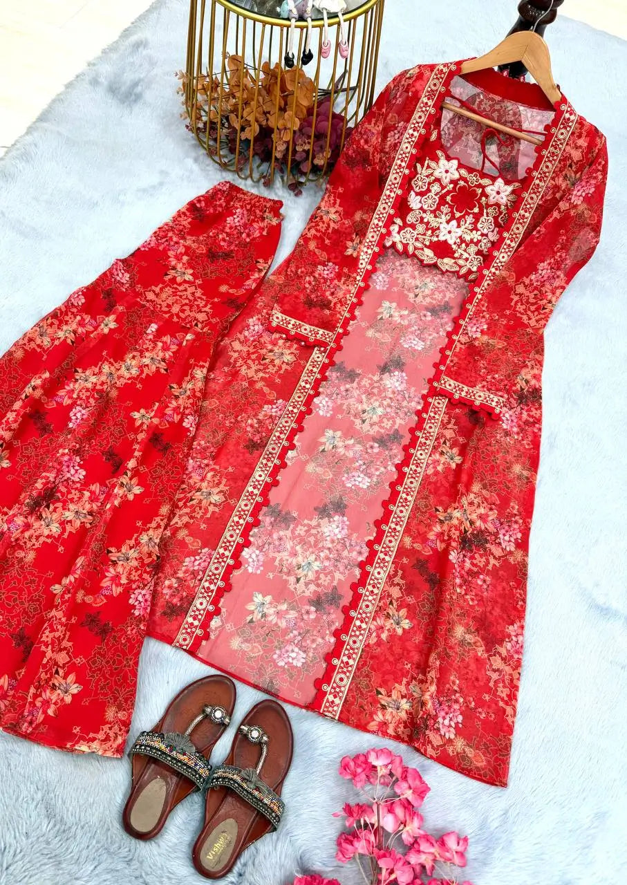 Floral Georgette Koti Sharara Set