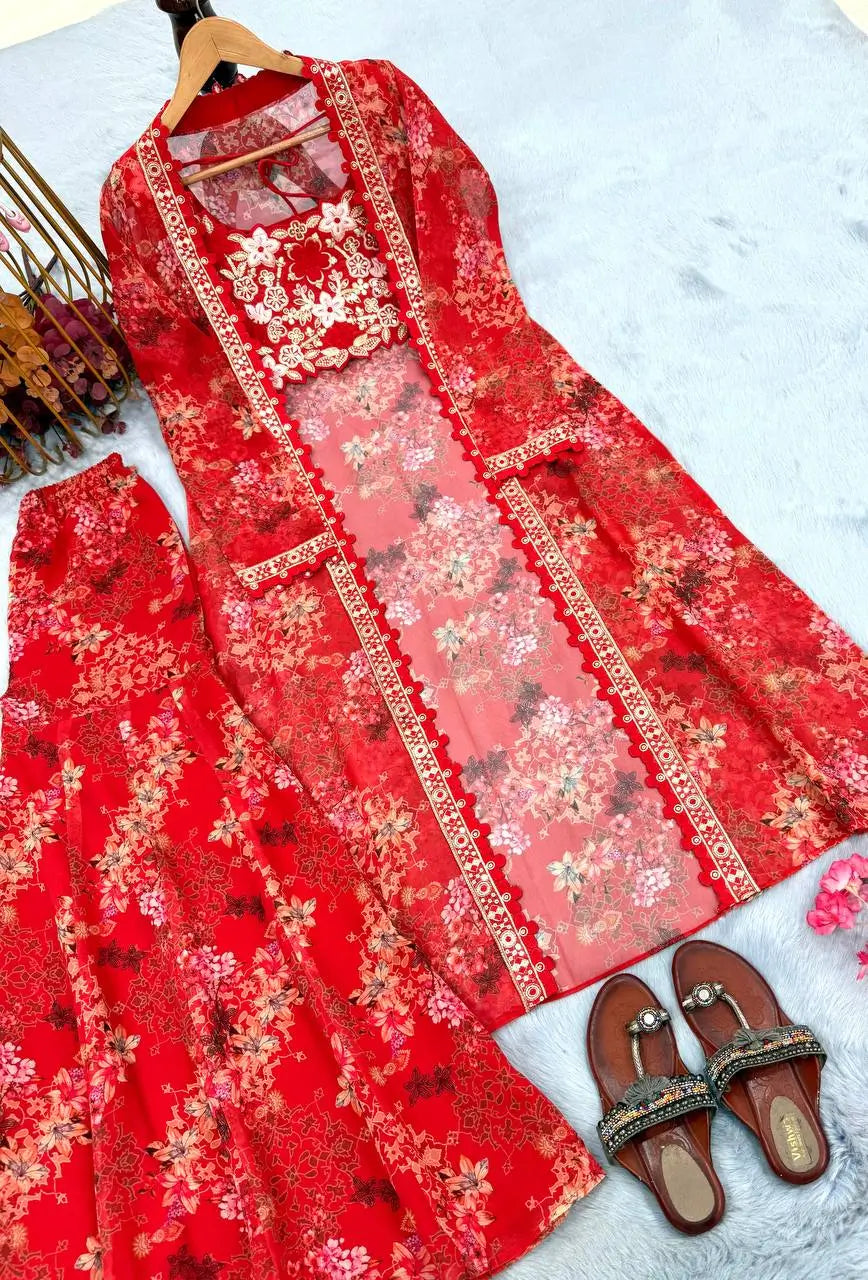 Floral Georgette Koti Sharara Set