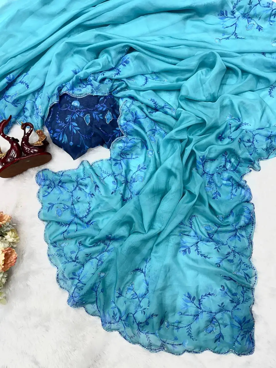 Floral Handwork Printed Tebby Silk Saree With Blouse