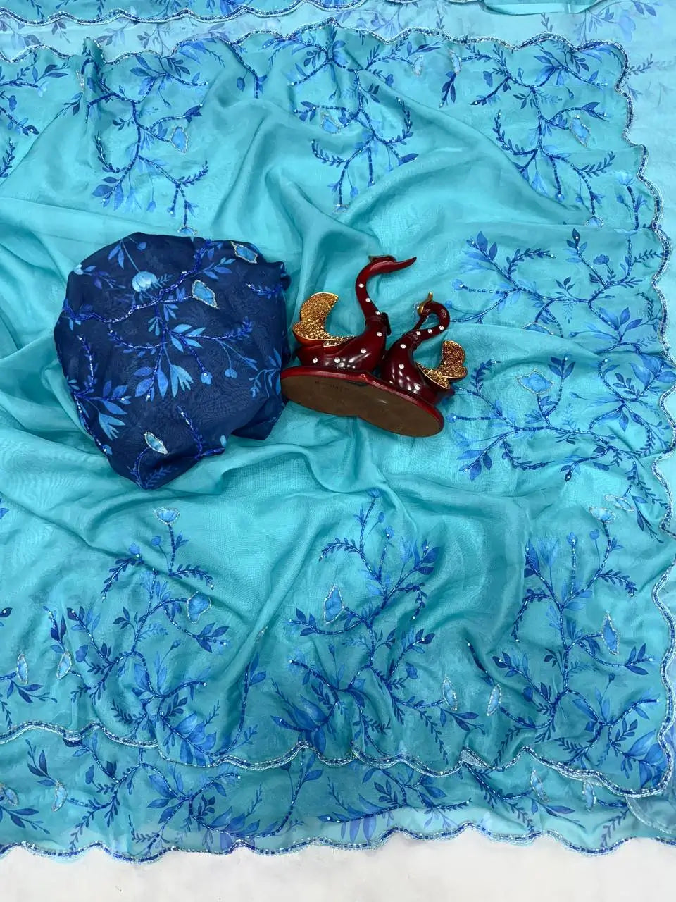 Floral Handwork Printed Tebby Silk Saree With Blouse