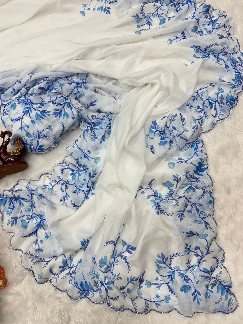 Floral Handwork Printed Tebby Silk Saree With Blouse