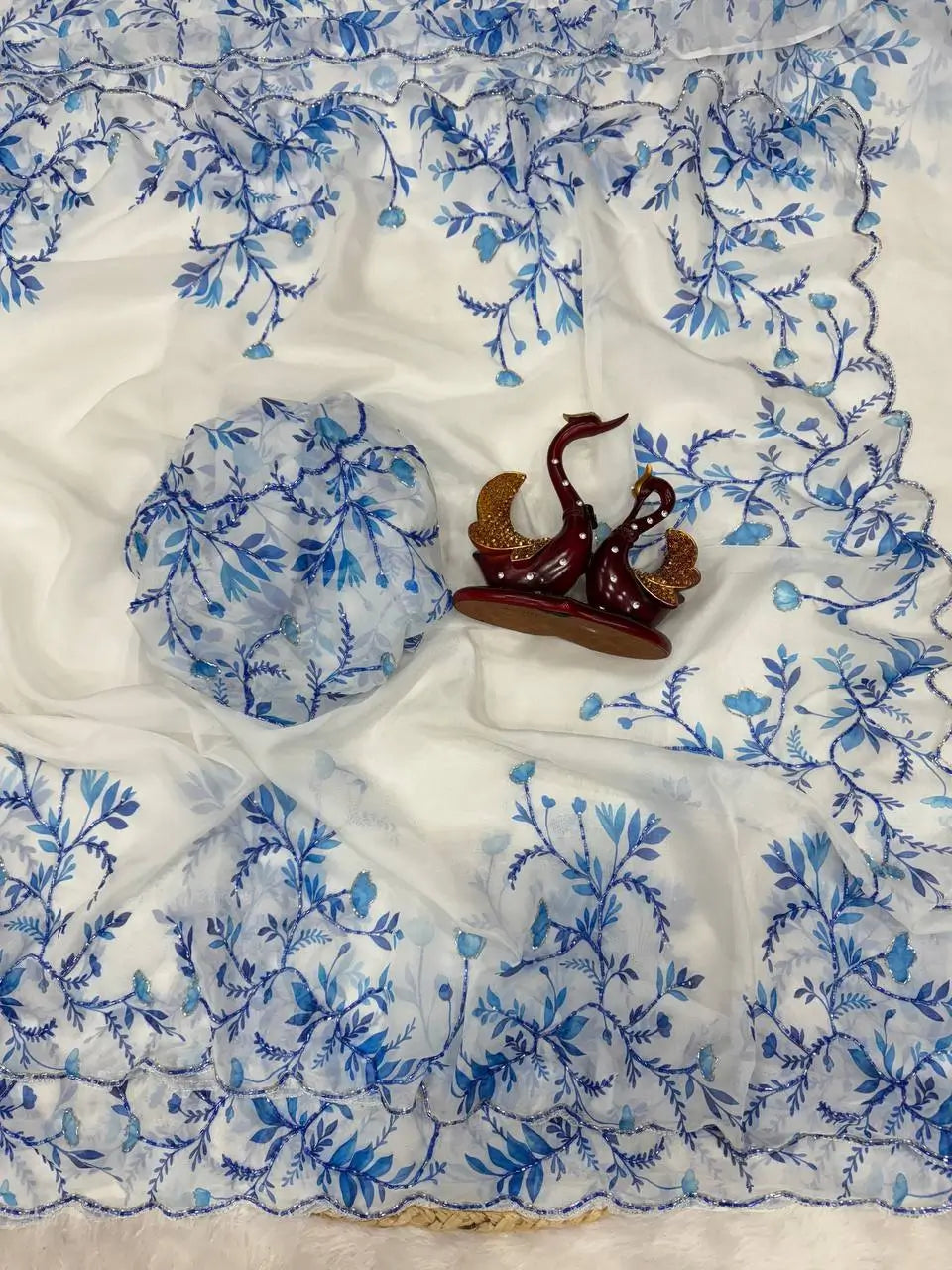 Floral Handwork Printed Tebby Silk Saree With Blouse