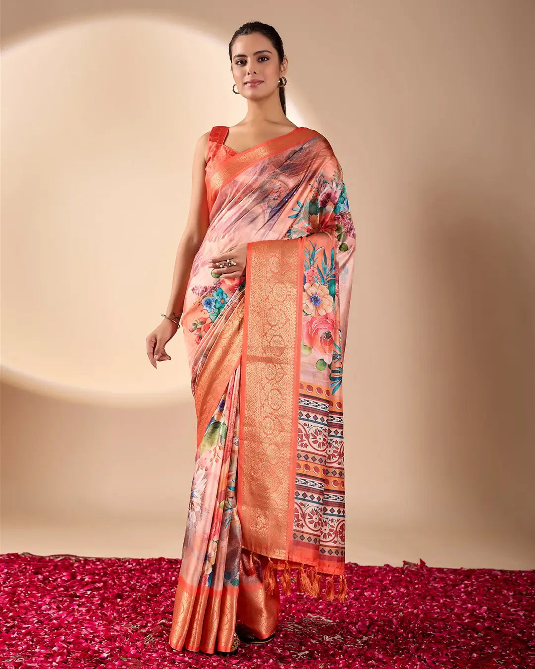 Floral Lichi Silk Saree with Zari Border