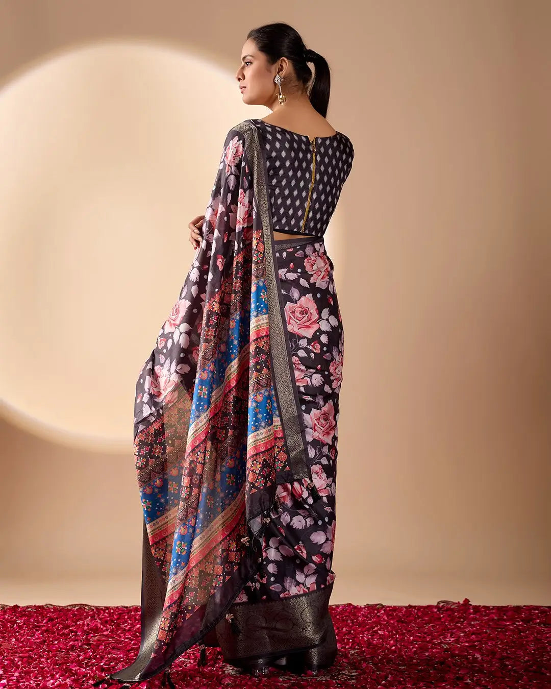 Floral Lichi Silk Saree with Zari Border