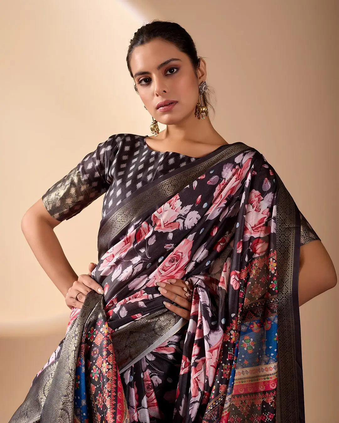 Floral Lichi Silk Saree with Zari Border