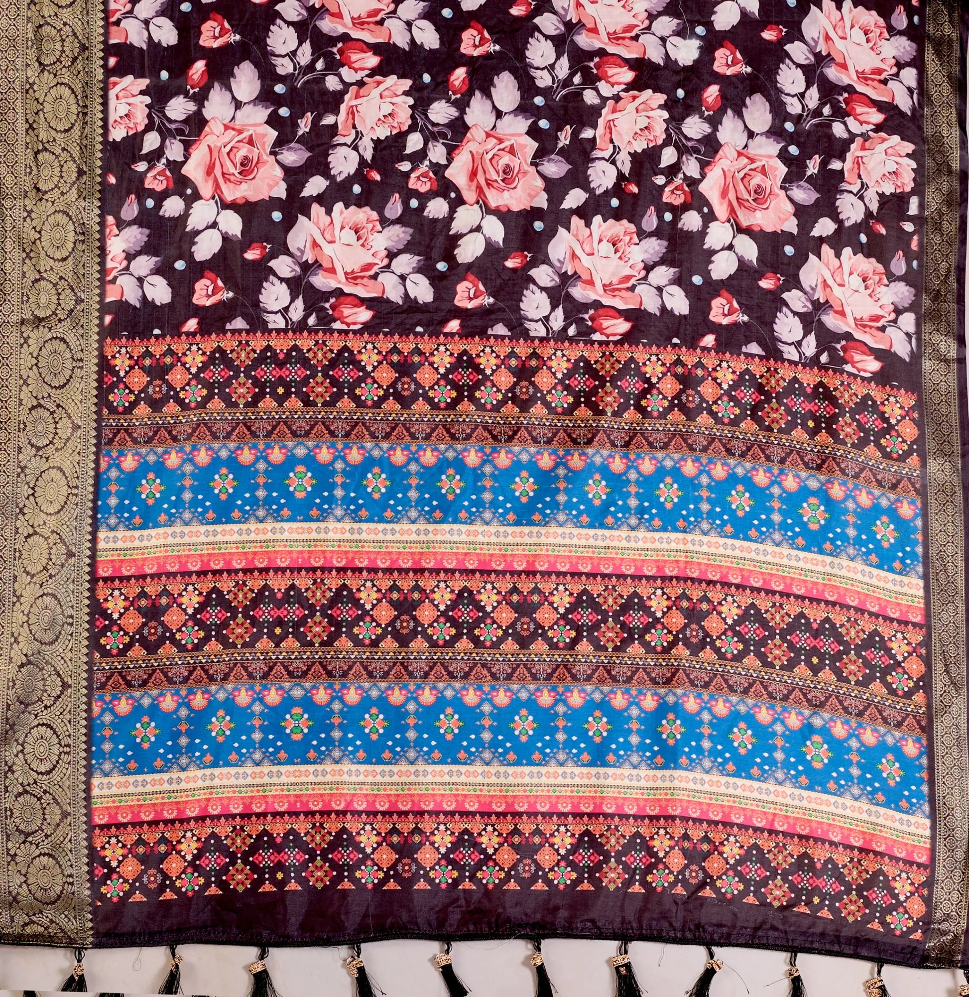 Floral Lichi Silk Saree with Zari Border