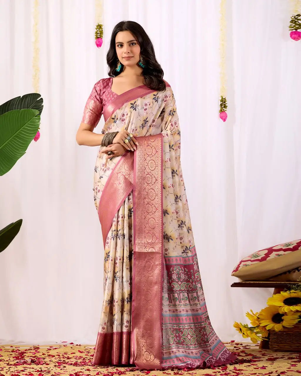 Floral Lichi Silk Saree with Zari Border