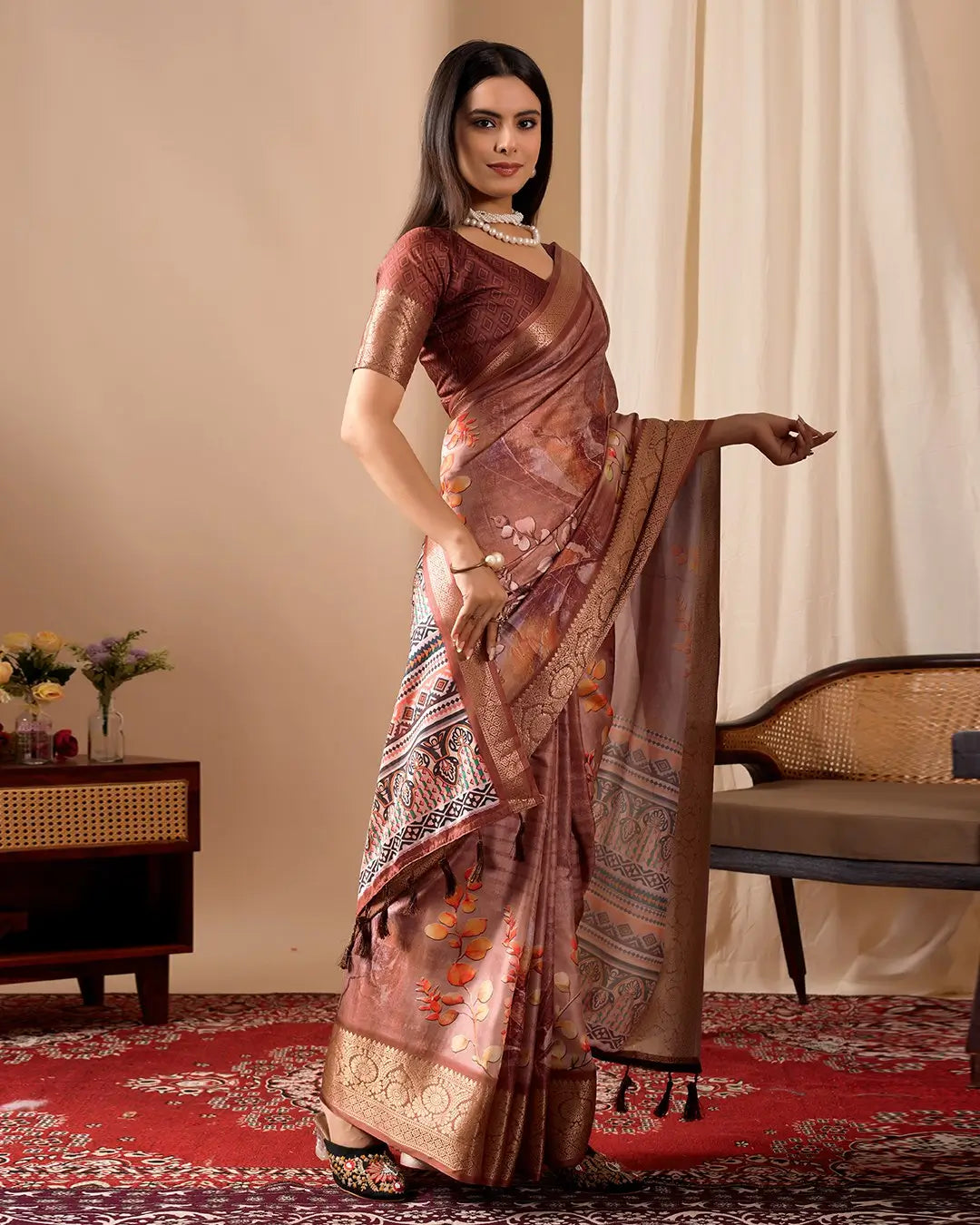 Floral Lichi Silk Saree with Zari Border
