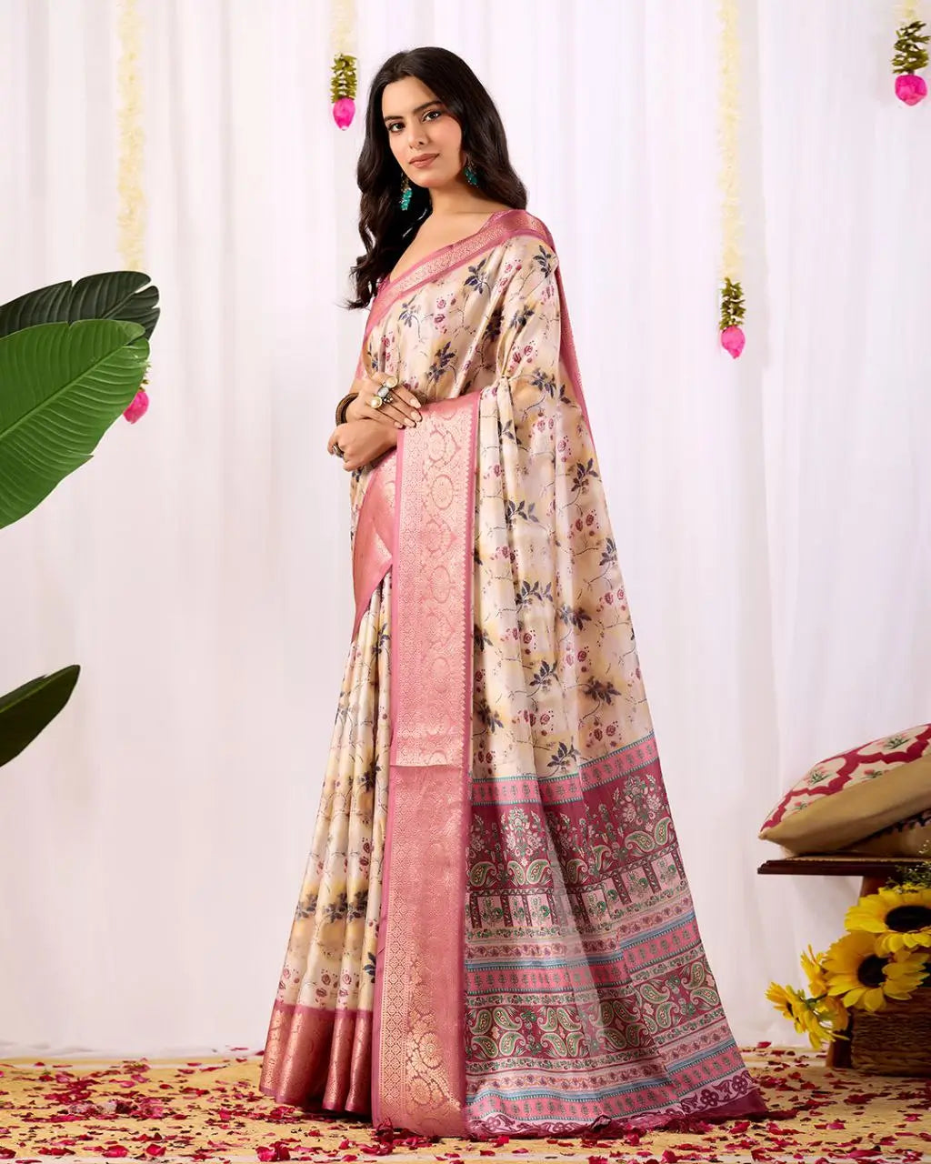 Floral Lichi Silk Saree with Zari Border