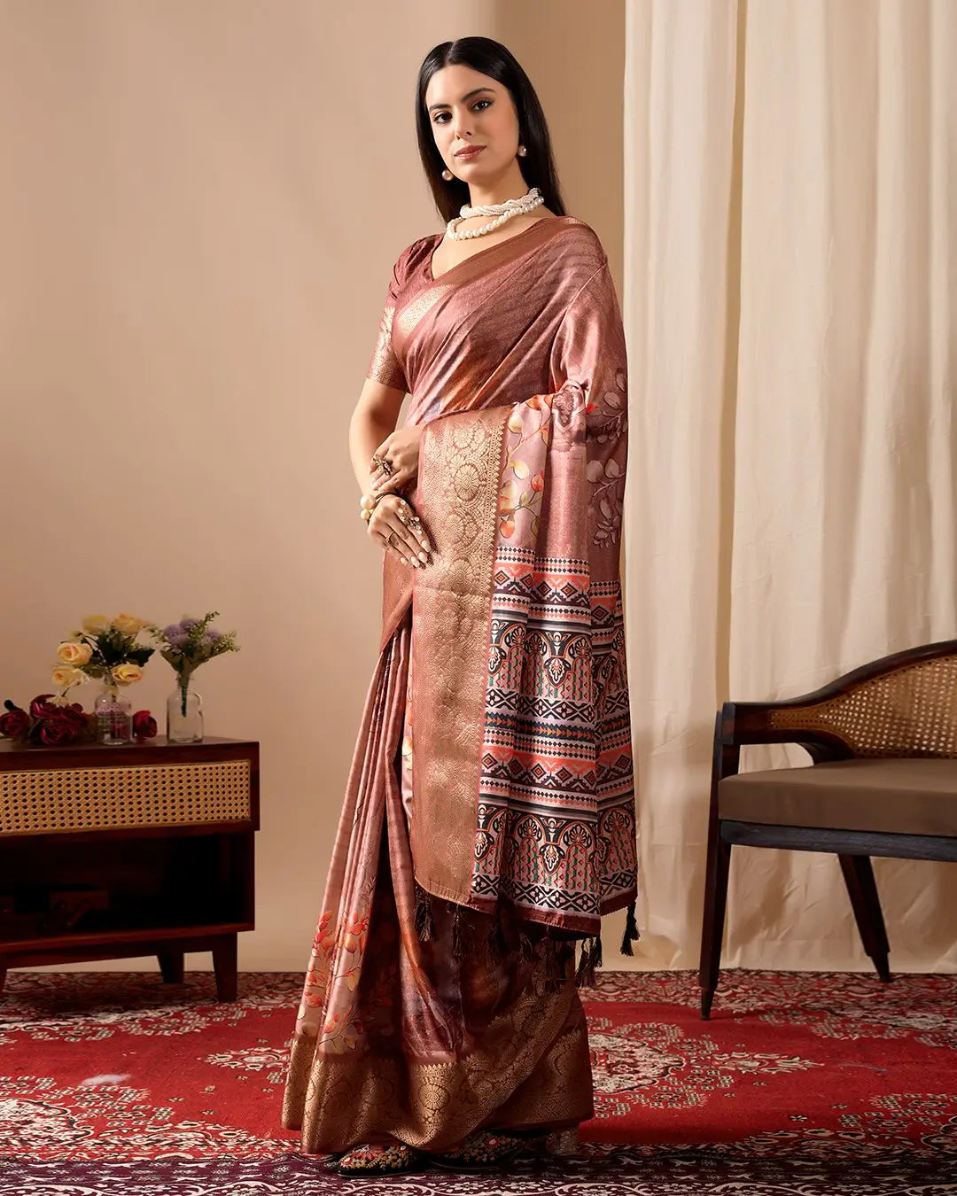 Floral Lichi Silk Saree with Zari Border