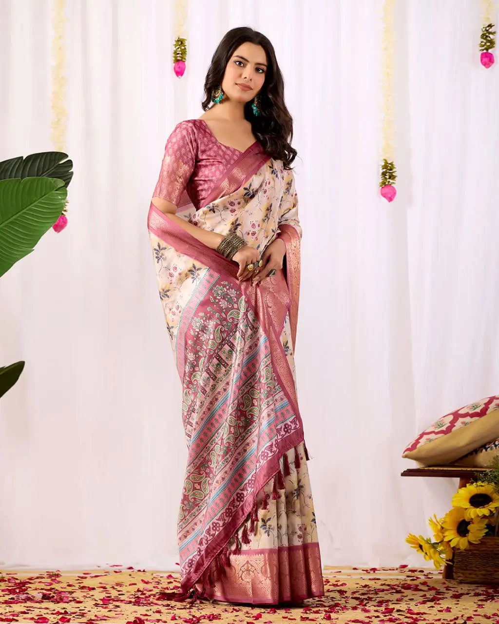 Floral Lichi Silk Saree with Zari Border