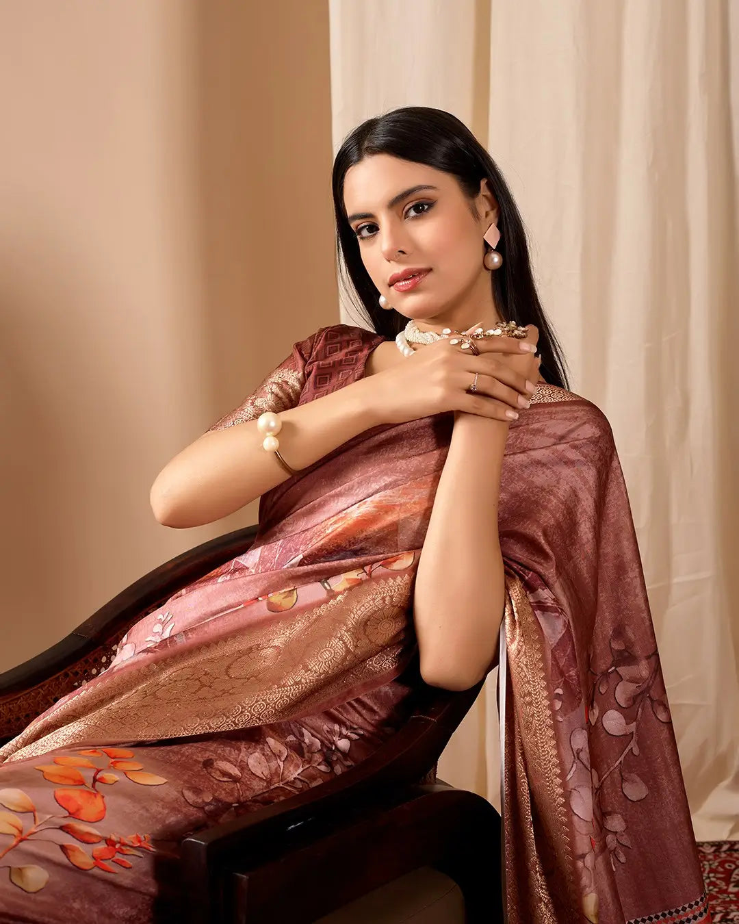 Floral Lichi Silk Saree with Zari Border