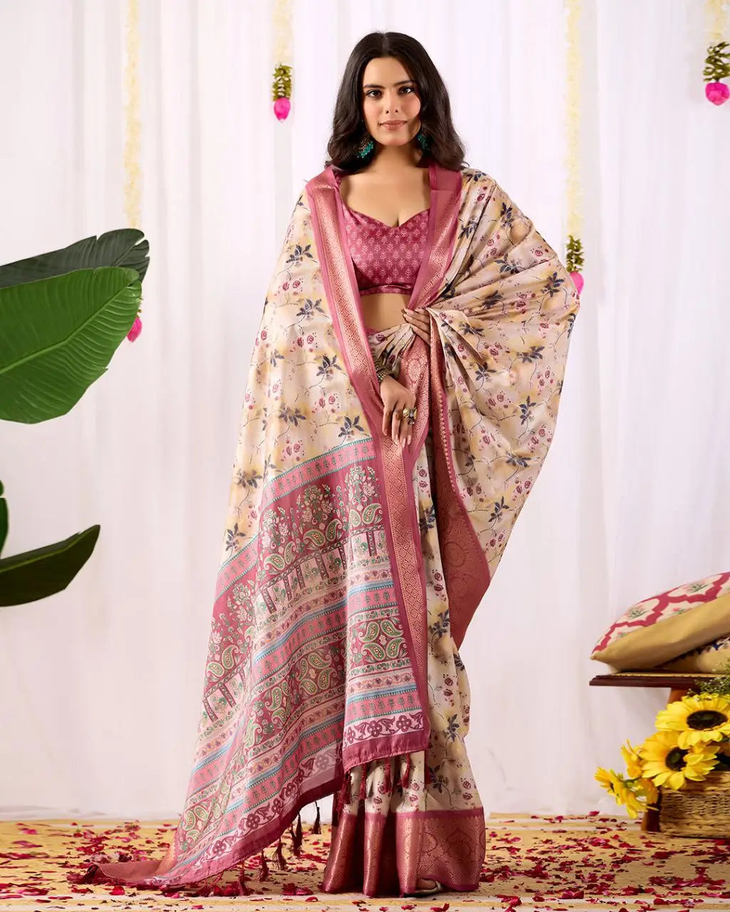Floral Lichi Silk Saree with Zari Border
