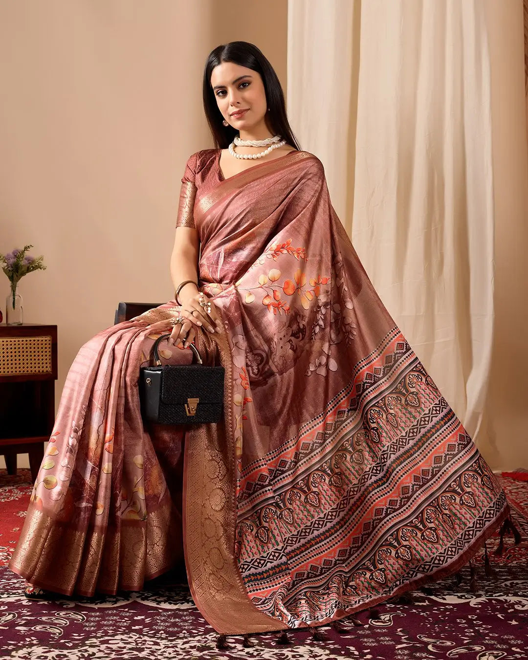 Floral Lichi Silk Saree with Zari Border