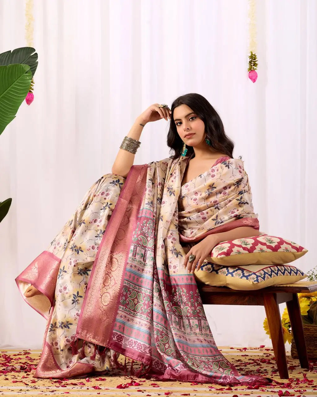 Floral Lichi Silk Saree with Zari Border