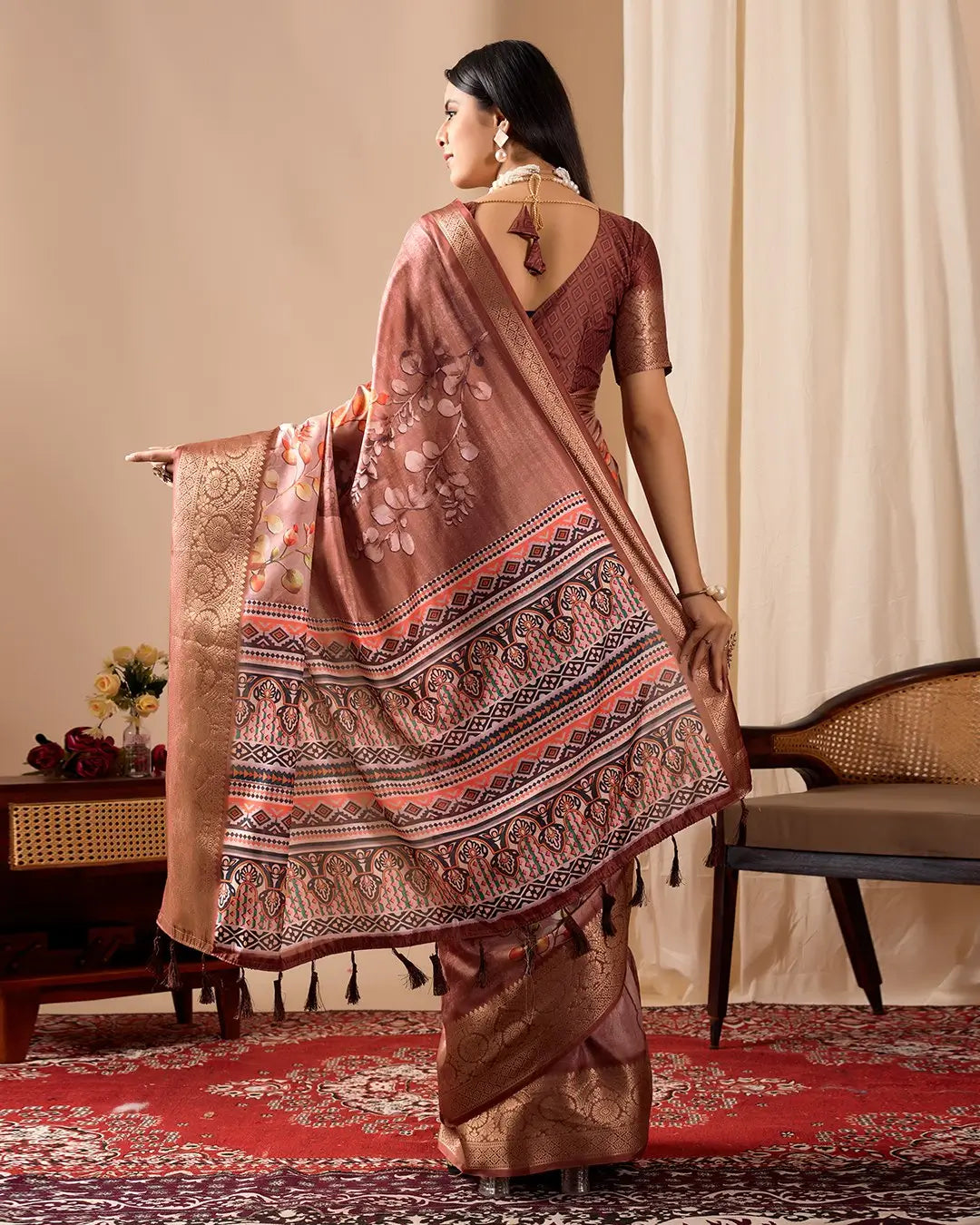Floral Lichi Silk Saree with Zari Border