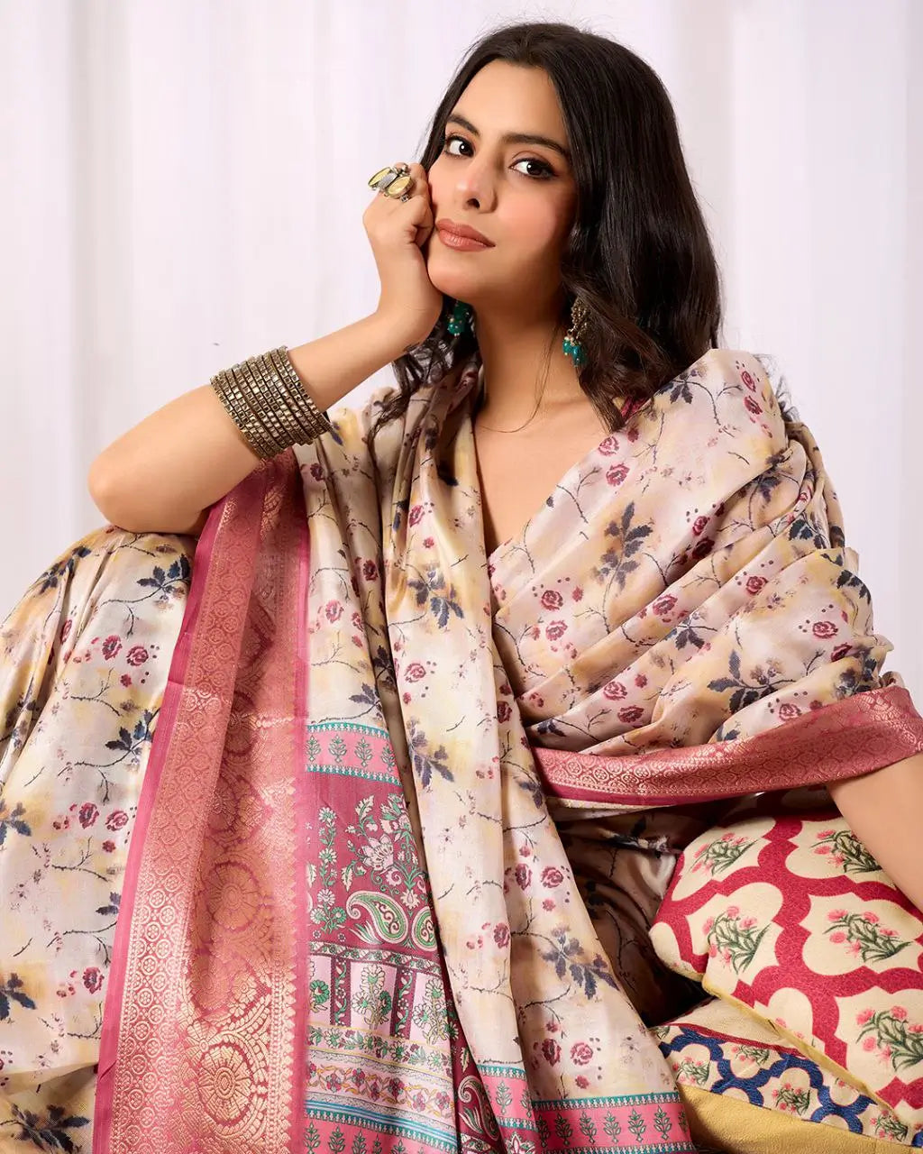 Floral Lichi Silk Saree with Zari Border