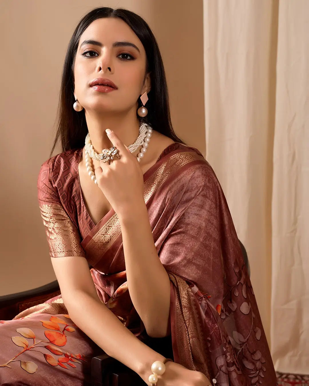 Floral Lichi Silk Saree with Zari Border