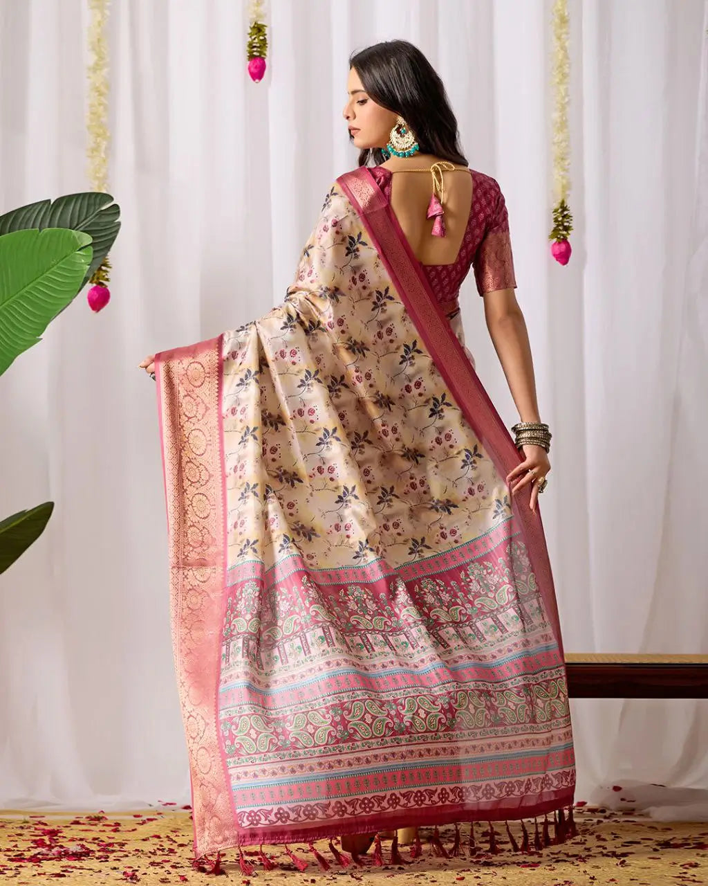 Floral Lichi Silk Saree with Zari Border