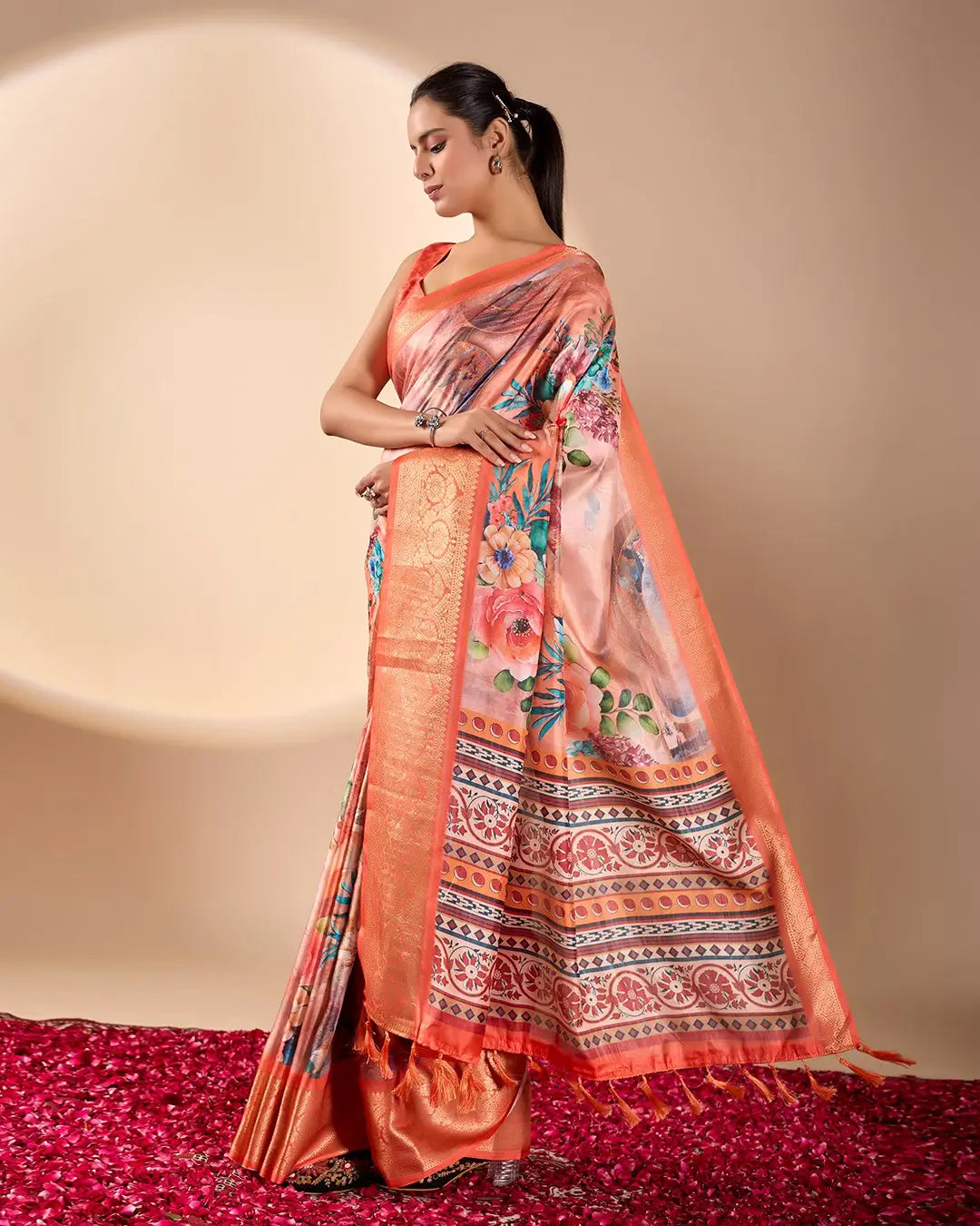 Floral Lichi Silk Saree with Zari Border