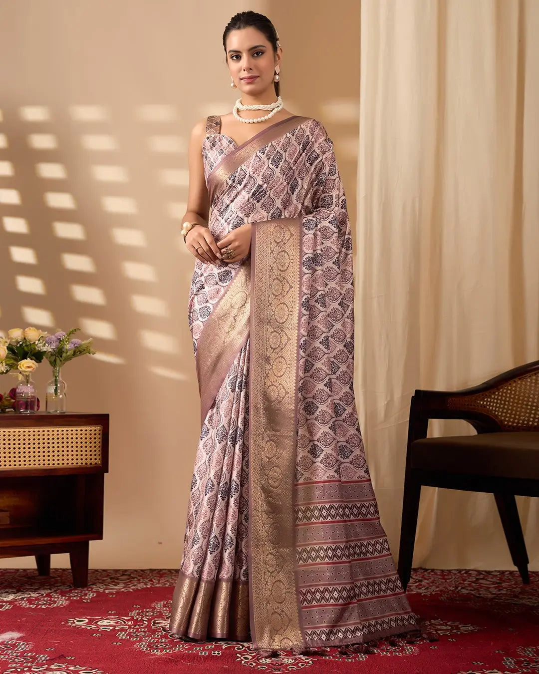 Floral Lichi Silk Saree with Zari Border