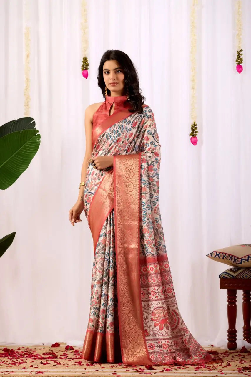 Floral Lichi Silk Saree with Zari Border