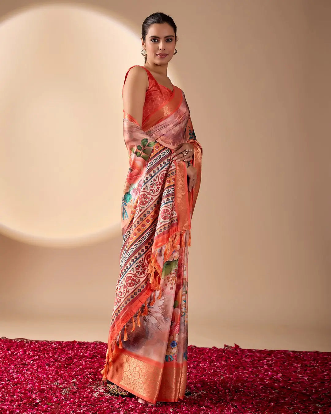 Floral Lichi Silk Saree with Zari Border
